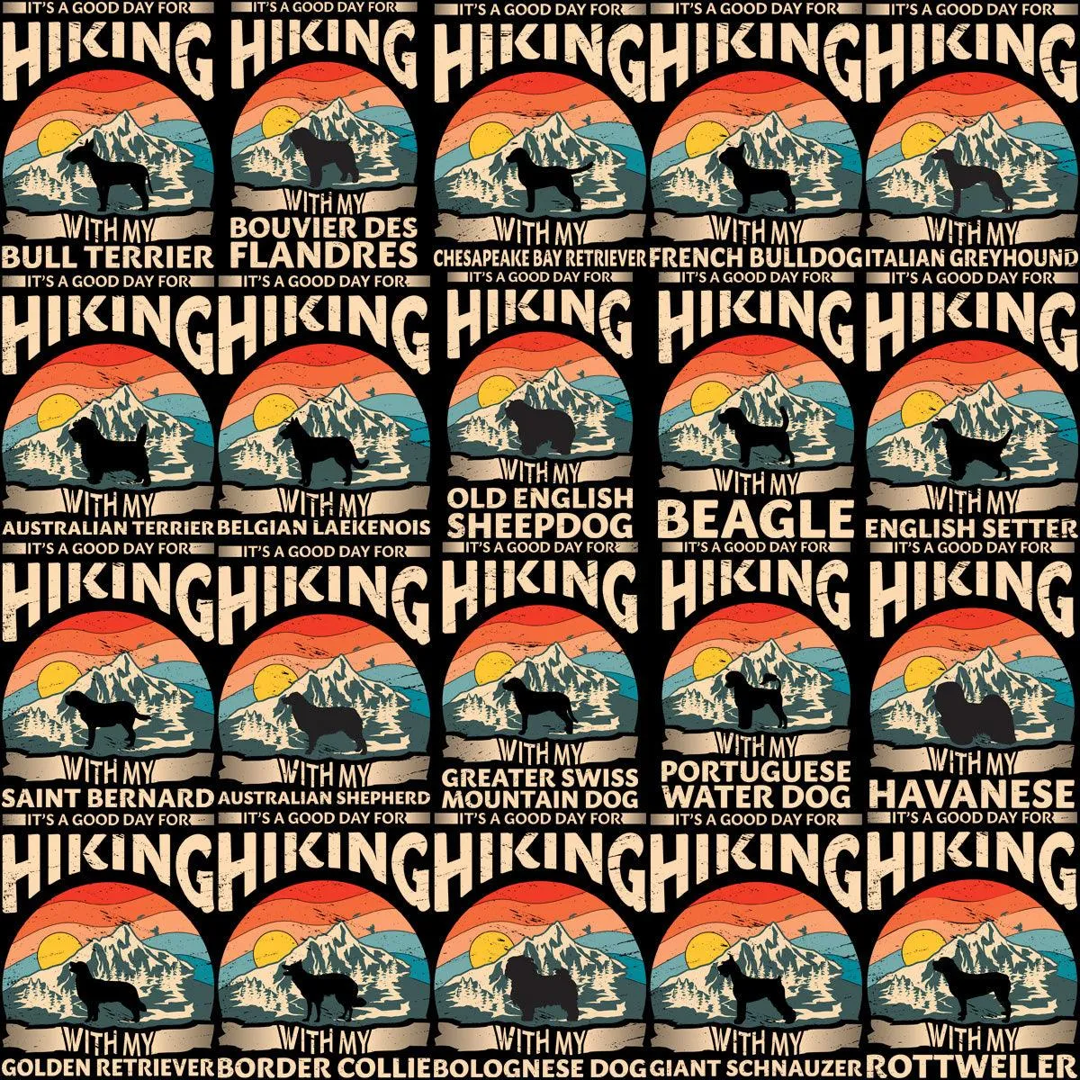 80 Dogs Breeds Hiking Designs Bundle PNG