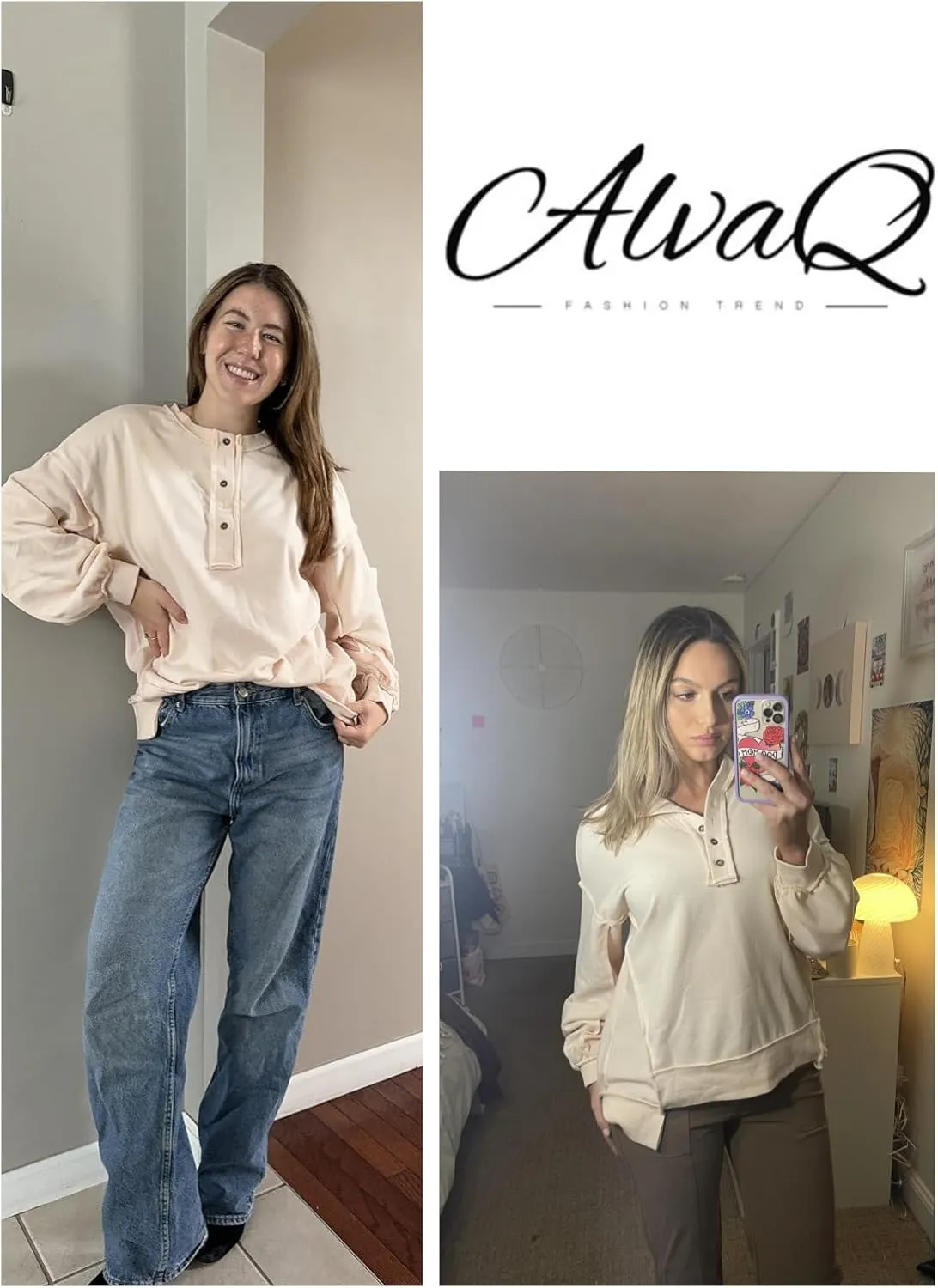 AlvaQ Women's Oversized Sweatshirt Casual Long Sleeve Button Henley Neck Pullover Tunic Tops Outfits