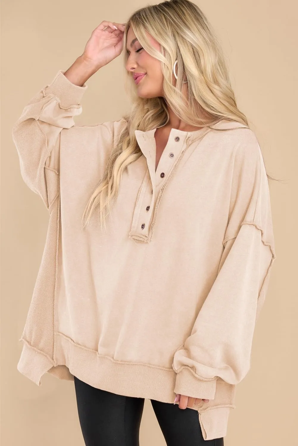 AlvaQ Women's Oversized Sweatshirt Casual Long Sleeve Button Henley Neck Pullover Tunic Tops Outfits