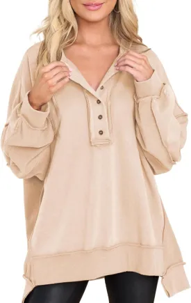 AlvaQ Women's Oversized Sweatshirt Casual Long Sleeve Button Henley Neck Pullover Tunic Tops Outfits AlvaQ Women's Oversized Sweatshirt Casual Long Sleeve Button Henley Neck Pullover Tunic Tops Outfits