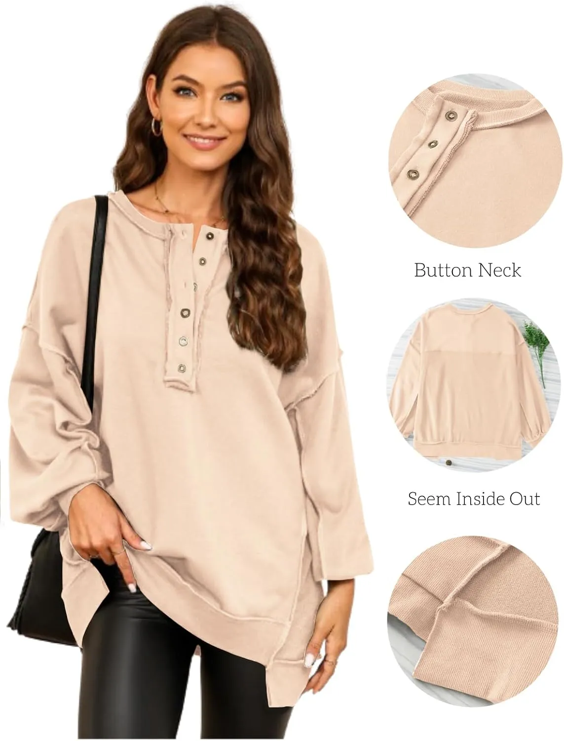 AlvaQ Women's Oversized Sweatshirt Casual Long Sleeve Button Henley Neck Pullover Tunic Tops Outfits