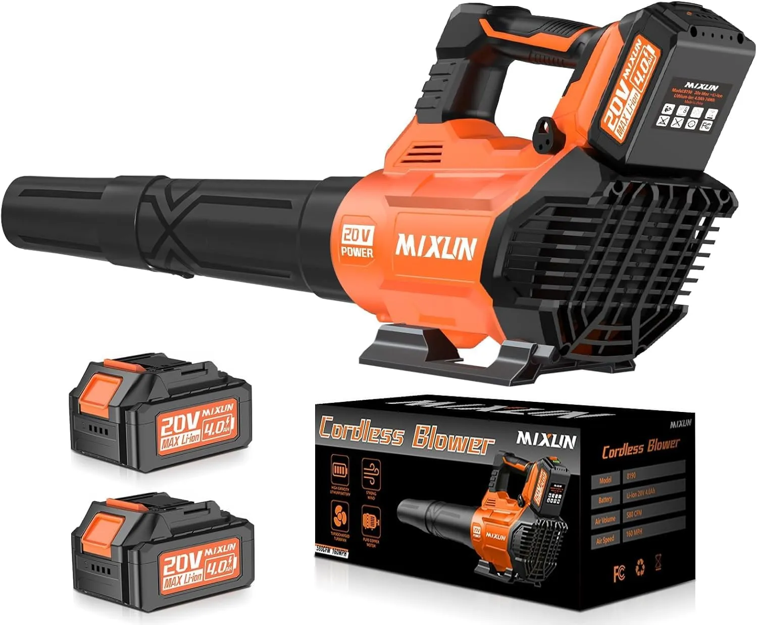Cordless Leaf Blower - 580CFM/160MPH Electric Blower with 2 x 4.0Ah Batteries, Charger, Shoulder Strap, and 3 Speed Settings, Ideal for Lawn, Yard, Sidewalk, and Garage Cleaning (Orange)