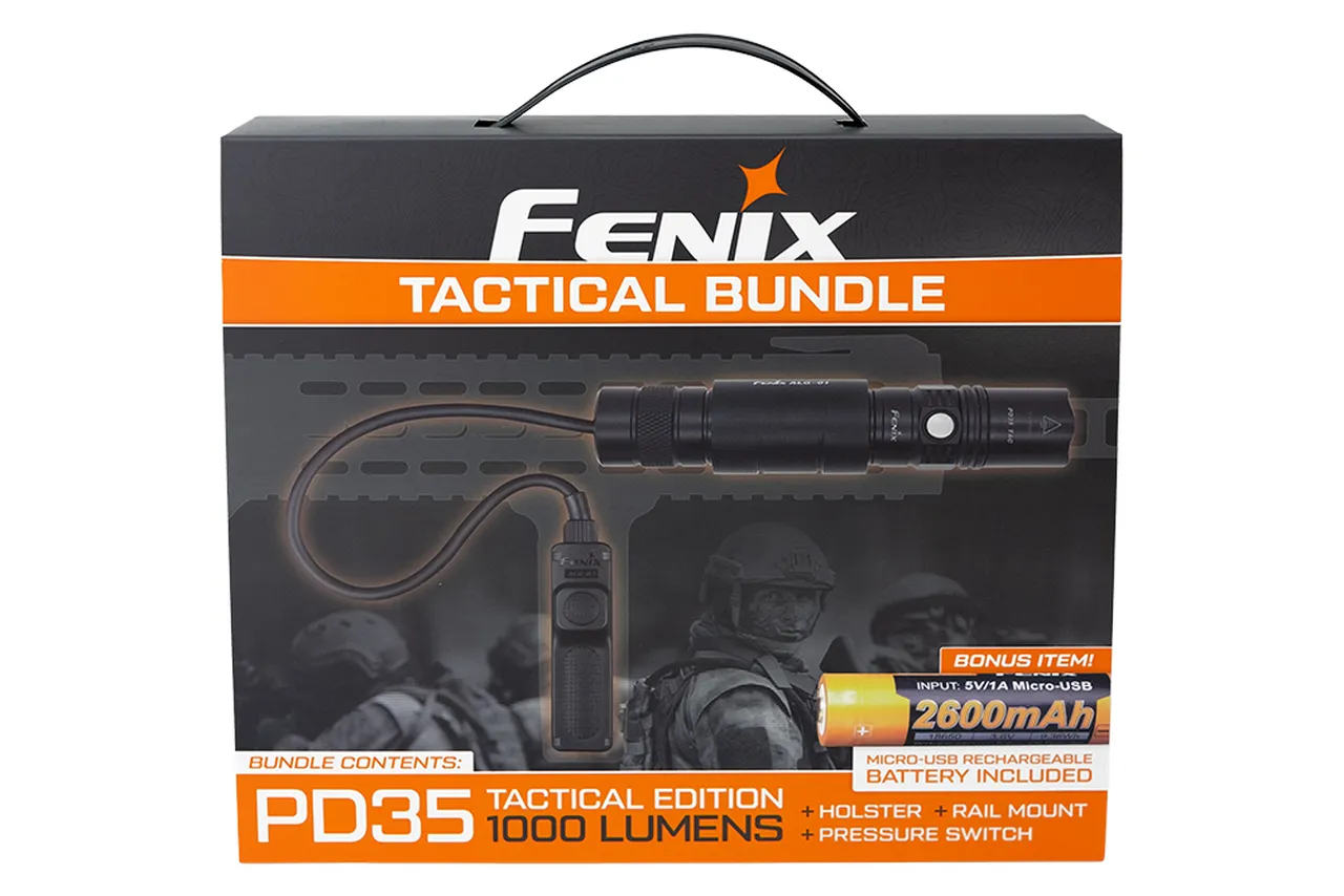 Fenix PD35 Tactical Flashlight Bundle, 1000 Lumens, Holster, Pressure Switch, Rail Mount, and 2600 mAh Rechargeable Battery