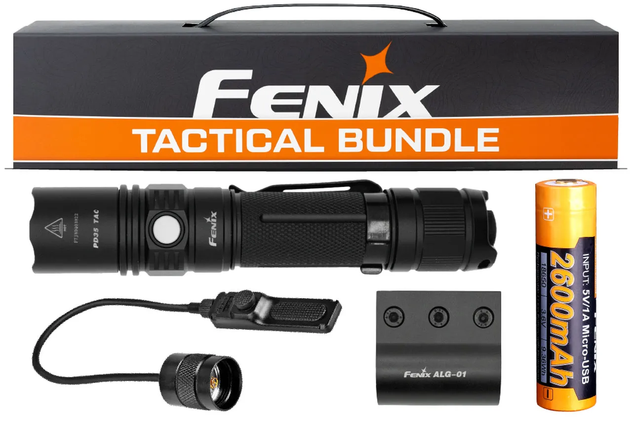 Fenix PD35 Tactical Flashlight Bundle, 1000 Lumens, Holster, Pressure Switch, Rail Mount, and 2600 mAh Rechargeable Battery