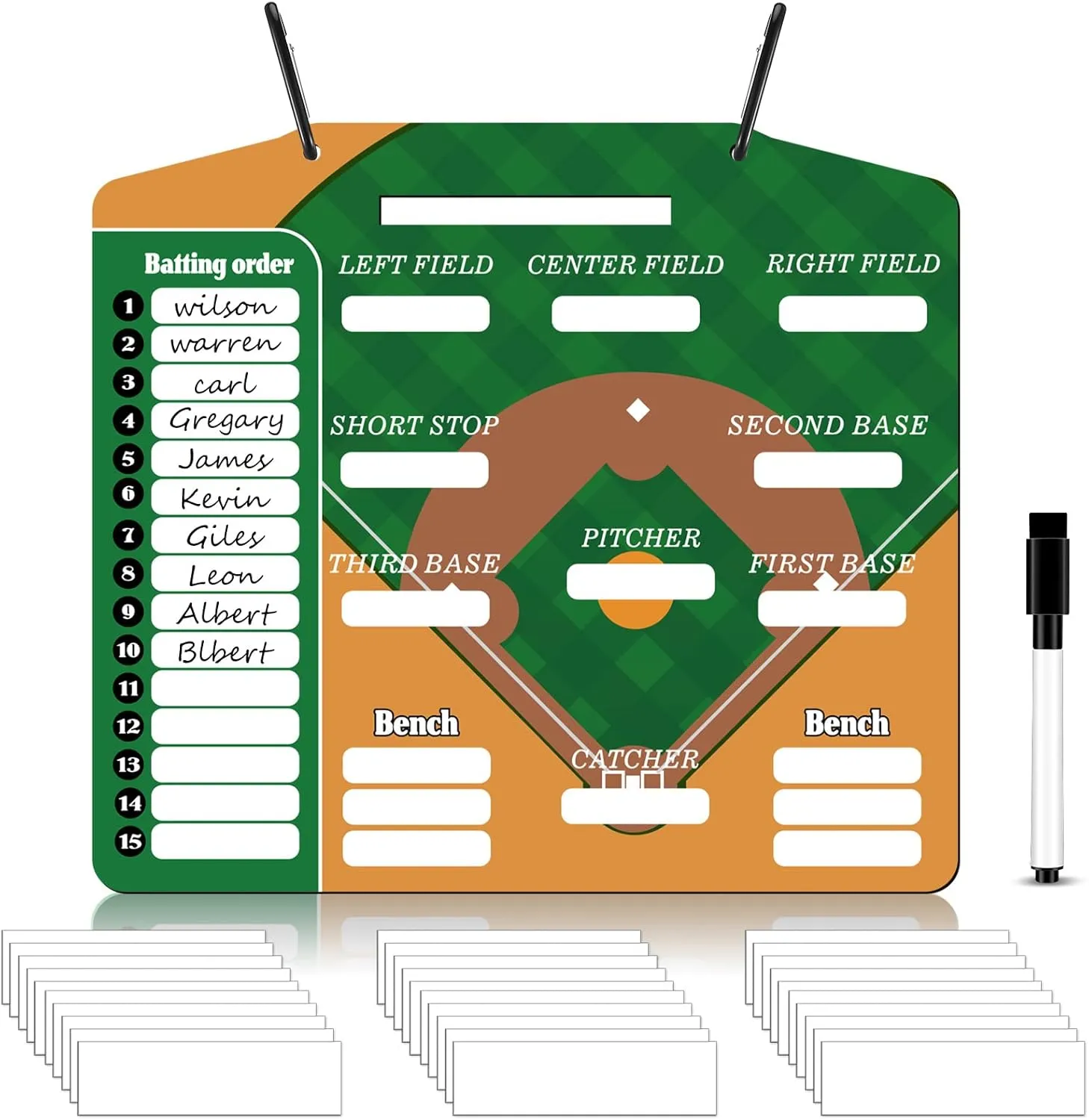 Geyee 34 Pcs Magnetic Baseball Lineup Board for Coach, Erases Easily Magnetic Dugout Board Softball Coaching Board with 30 Lineup Cards 2 Snap Hooks and Marker Pen
