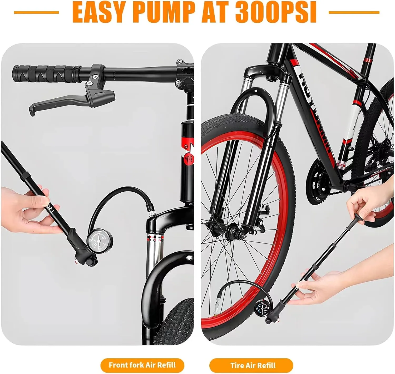 High Pressure Shock Pump - (300 PSI Max) MTB Bike Shock Pump for Fork & Rear Suspension with No-Loss Schrader Valve American Style