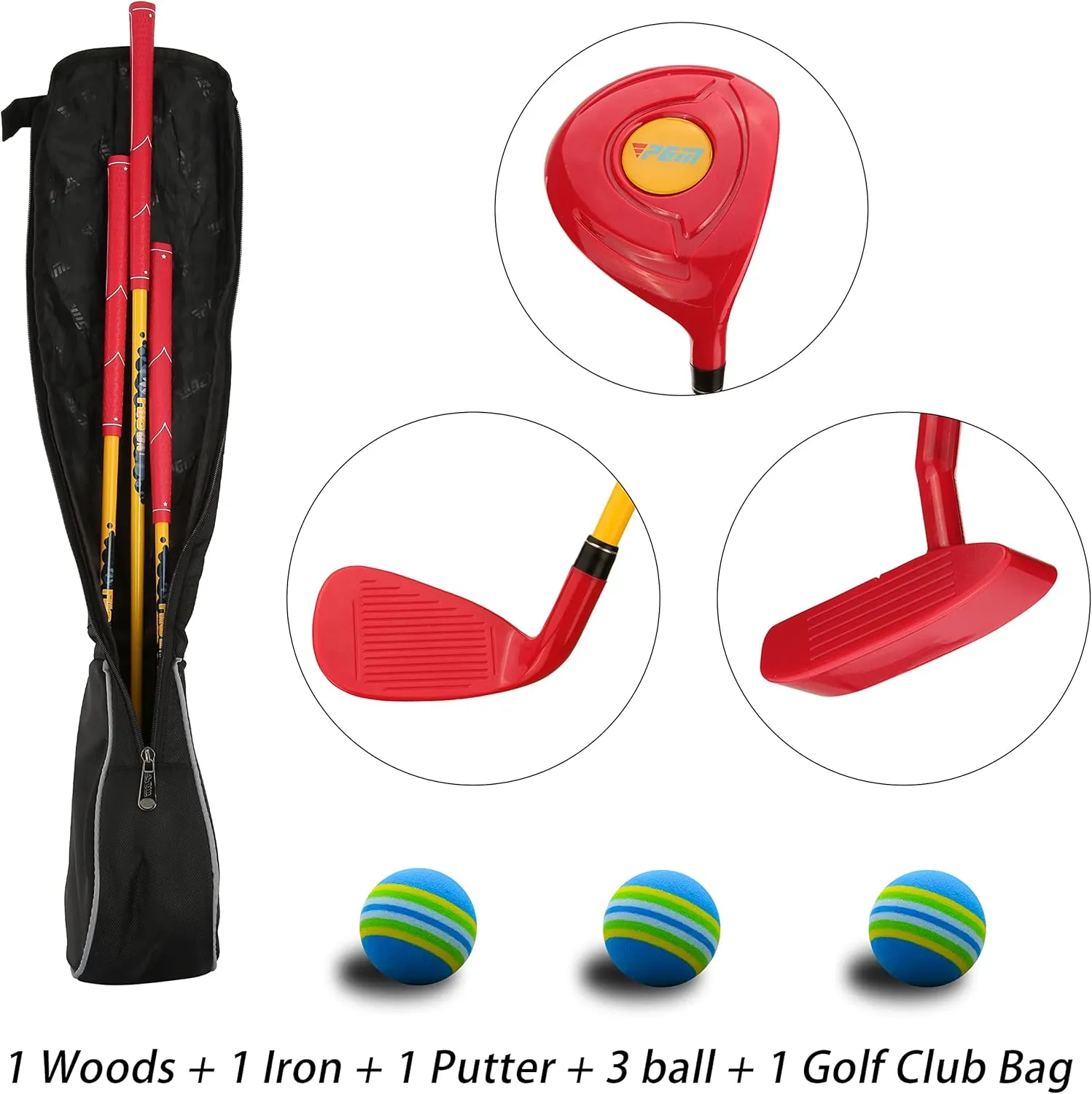 PGM Children's Golf Club Set - Can Hit Real Balls, 3 Pieces Clubs Includes Wood, Iron, and Putter, Great for Beginner Boys and Girls, Instructional Training Set