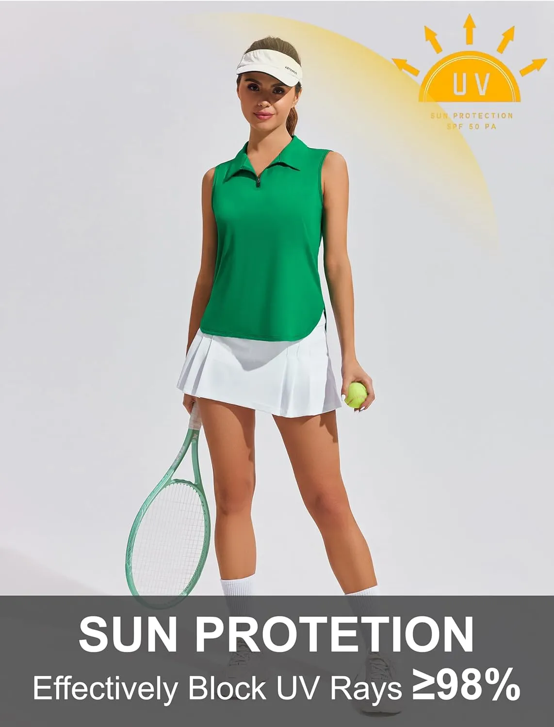 PINSPARK Women Golf Shirts Sleeveless UPF 50  Tennis Polo V-Neck Quick Dry Athletic T Shirt 1/4 Zip Collar Workout Tank Top