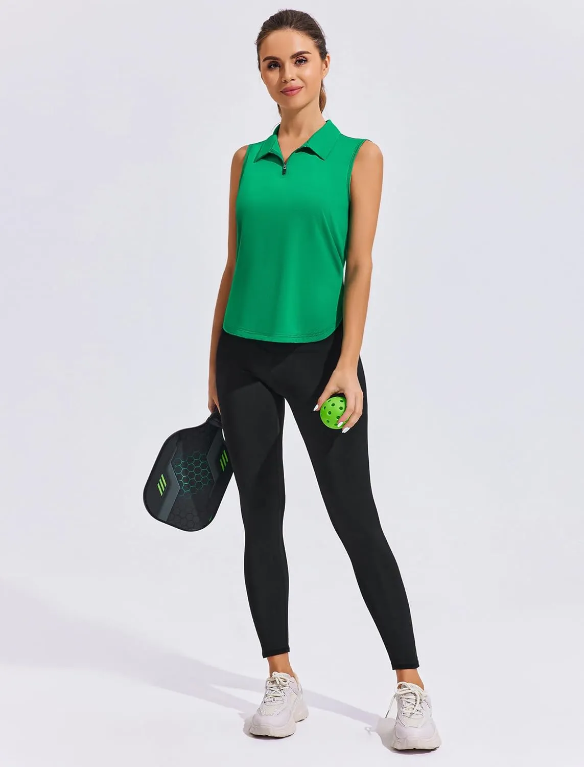 PINSPARK Women Golf Shirts Sleeveless UPF 50  Tennis Polo V-Neck Quick Dry Athletic T Shirt 1/4 Zip Collar Workout Tank Top