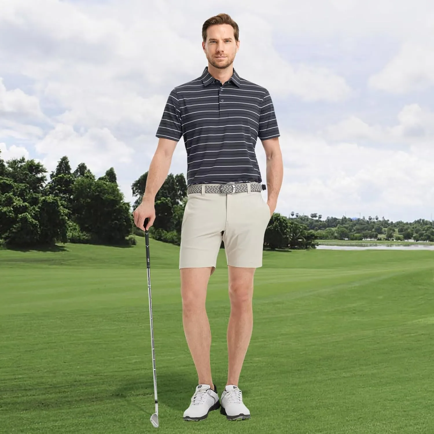 Rouen Mens Golf Shirt Moisture Wicking Dry Fit Performance Stripe Casual Collared Short Sleeve Golf Polo Shirts for Men