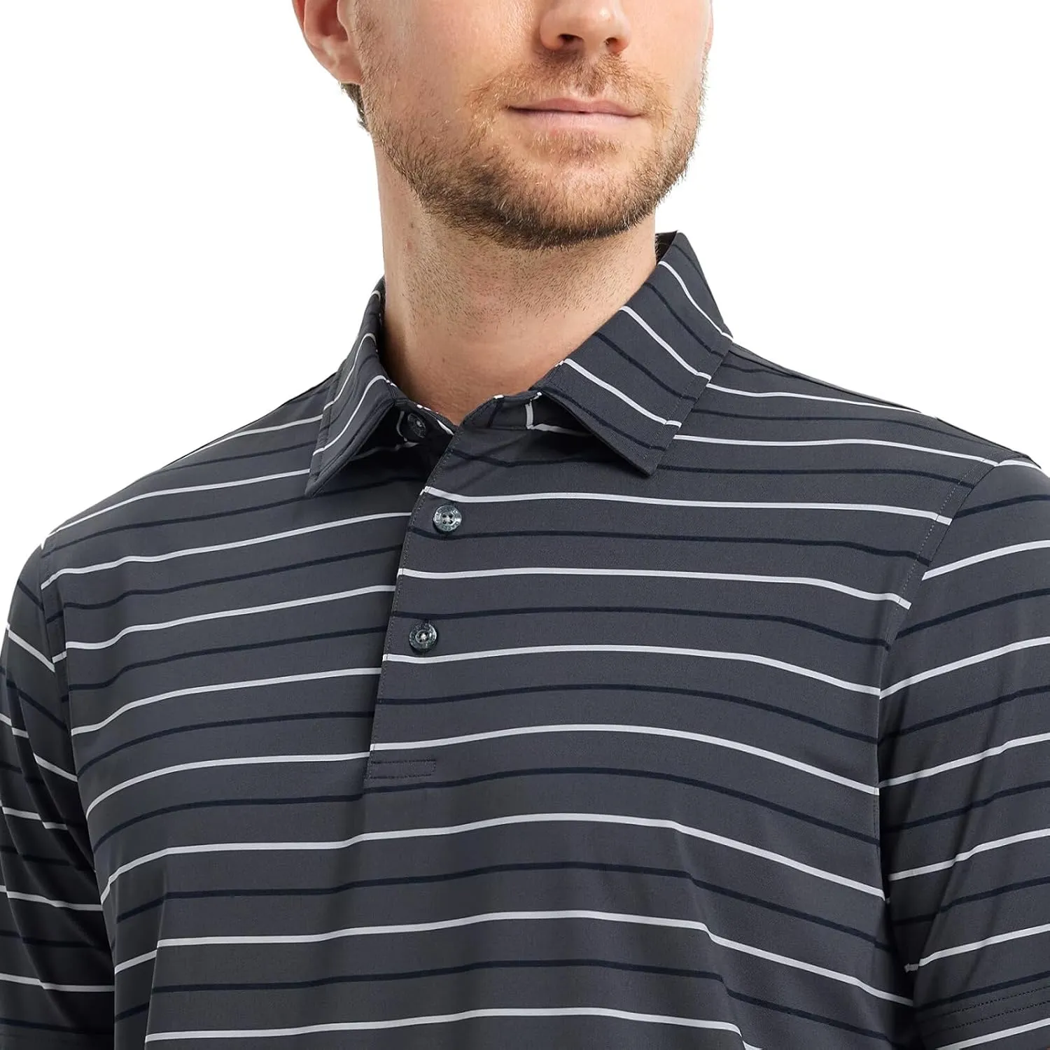 Rouen Mens Golf Shirt Moisture Wicking Dry Fit Performance Stripe Casual Collared Short Sleeve Golf Polo Shirts for Men