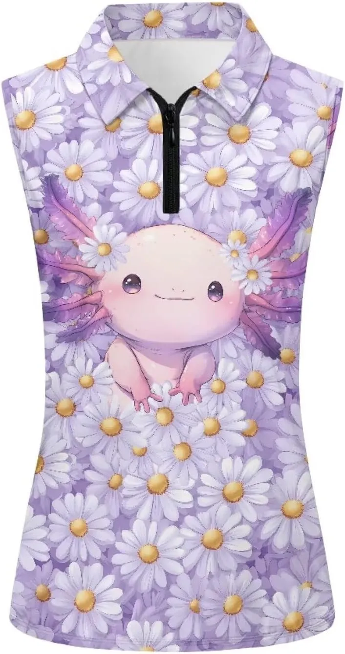 Suobstales Women's Golf Polo Shirts Sleeveless Tennis Tank Tops with Quarter Zip, Collarless Athletic Shirt for Women