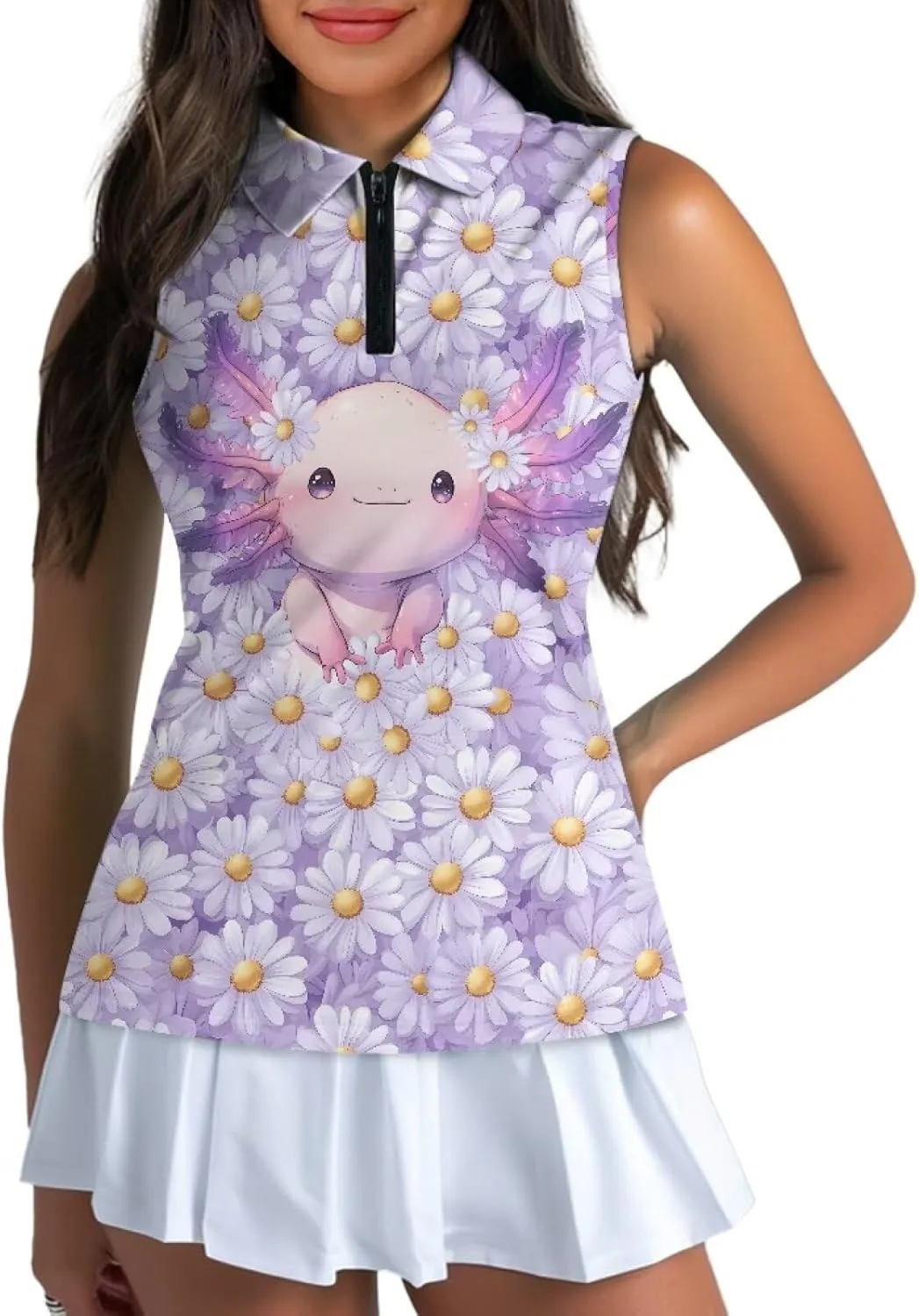 Suobstales Women's Golf Polo Shirts Sleeveless Tennis Tank Tops with Quarter Zip, Collarless Athletic Shirt for Women