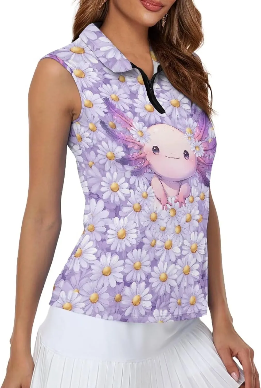 Suobstales Women's Golf Polo Shirts Sleeveless Tennis Tank Tops with Quarter Zip, Collarless Athletic Shirt for Women