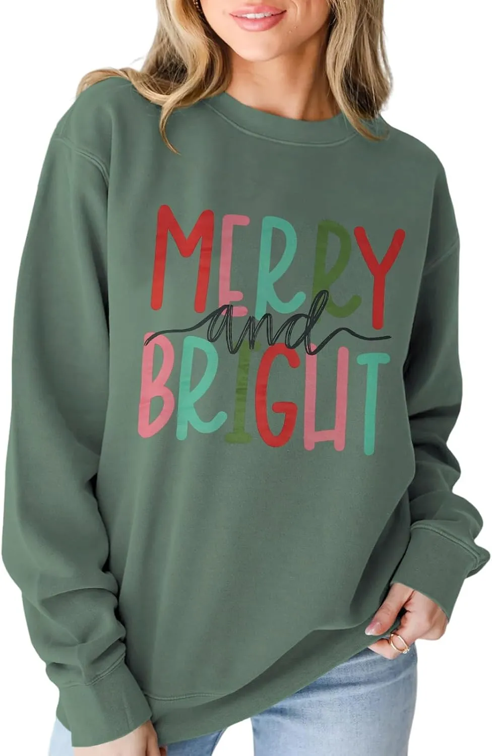 Women's Merry and Bright Sweatshirt Long Sleeve Merry Christmas Sweatshirt Retro Letter Printed Xmas Gifts Top