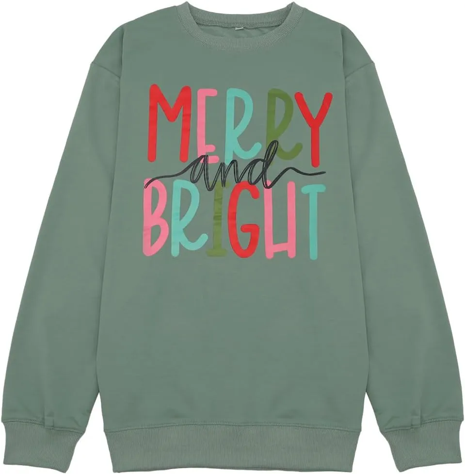 Women's Merry and Bright Sweatshirt Long Sleeve Merry Christmas Sweatshirt Retro Letter Printed Xmas Gifts Top